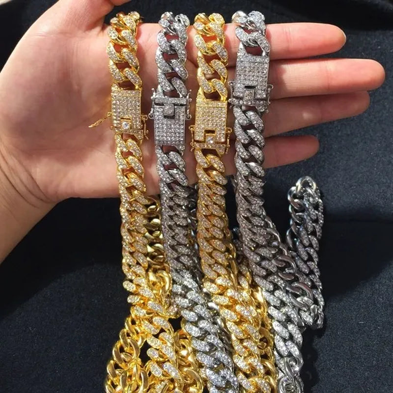 13MM  24K Gold/925 Silver Iced Out BlingBling Diamond Cuban Link Chain Miami Choker Necklace Bracelet Jewelry Set for Fashion Men and Women Hip Hop Jewelry - WORLD TIME VISITS