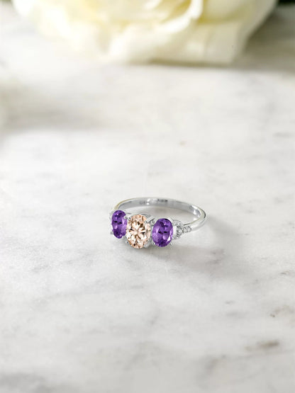 10K White Gold 3-Stone Diamond Engagement Ring 1.57 Ct Oval Peach Morganite Purple Amethyst