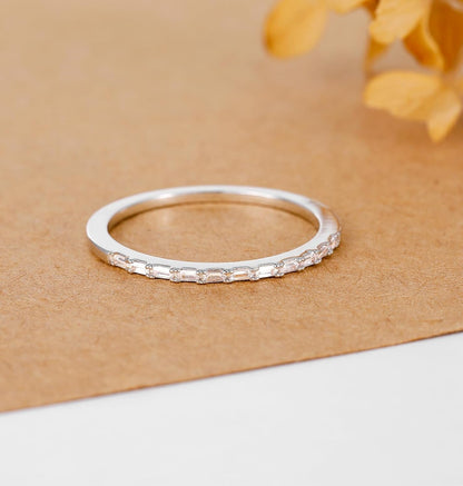 Half Eternity Ring for Women, Baguette Cubic Zirconia Anniversary Thin Stacking Ring, Minimalist CZ Statement Band, Size 3-11