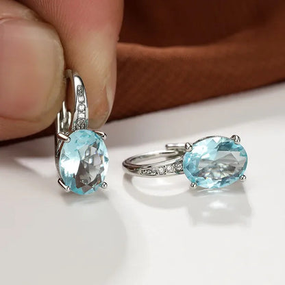 1Pair 925 Sterling Silver 14K White Gold Hoop Earrings New Fashion Oval Cut Aquamarine Amethyst Topaz Sapphire Diamond Earrings Drop Dangle Earrings Gift