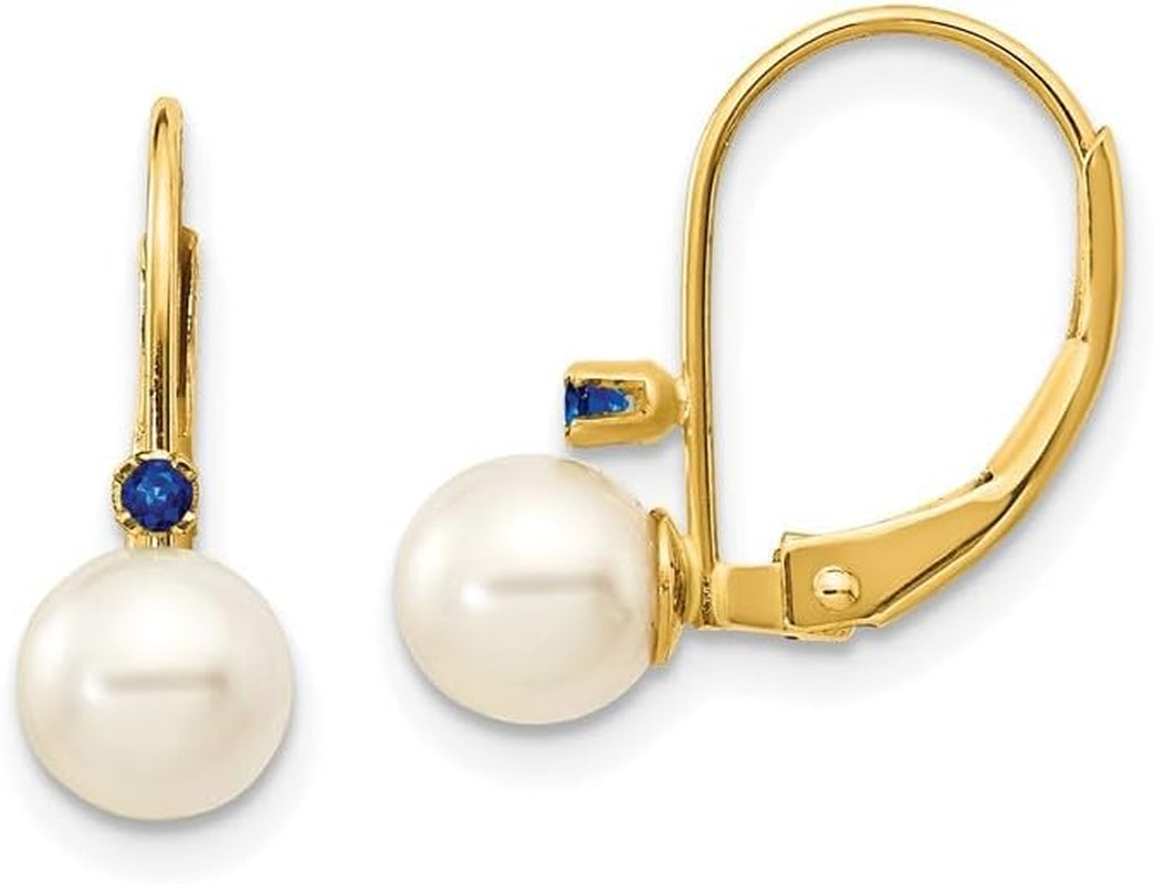 14K Yellow Gold White round Shape Freshwater Cultured Pearl Sapphire Leverback Earrings Fine Jewelry for Women Gifts for Her (5-5.5Mm)