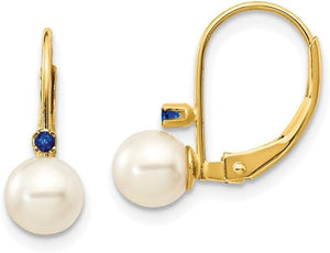 14K Yellow Gold White round Shape Freshwater Cultured Pearl Sapphire Leverback Earrings Fine Jewelry for Women Gifts for Her (5-5.5Mm)
