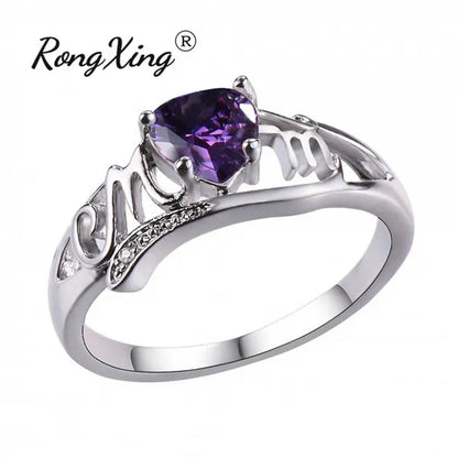 Love Mom 2ct Heart Shape Diamond/Amethyst/Emerald/Pink/Blue Sapphire/Black Diamond 925 Silver Ring Nana Ring Grandma Mum Jewelry Size 5-10