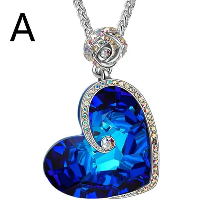 Fashion Heart Blue Crystal Necklace Double Layer Rose Zircon Pendant Engagement Necklaces for Women Rose Jewelry Birthday Party Anniversary Gift