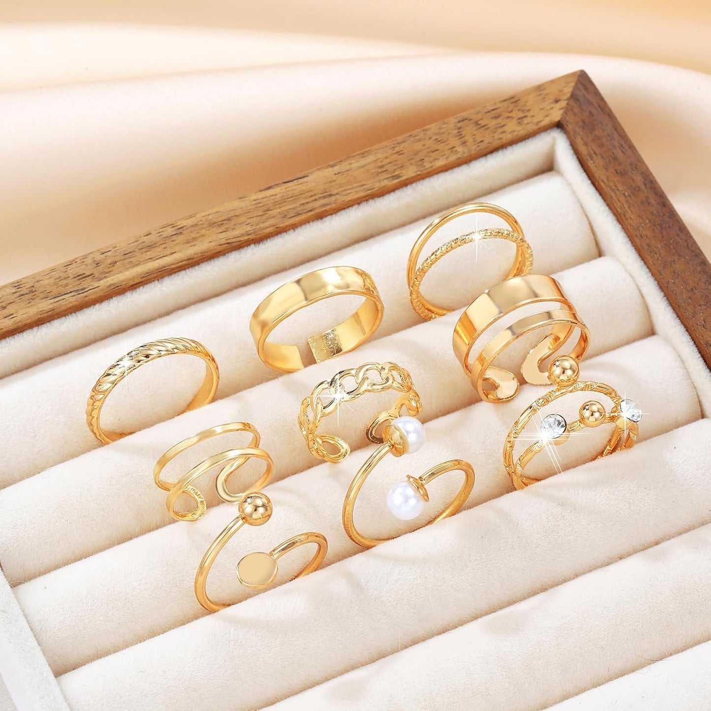 9Pcs Gold Adjustable Rings for Women Stackable Knuckle Ring Set with Pearl Exquisite Simple Fashion Jewelry for Thumb and Knuckles Adjustable Size in Pink Box