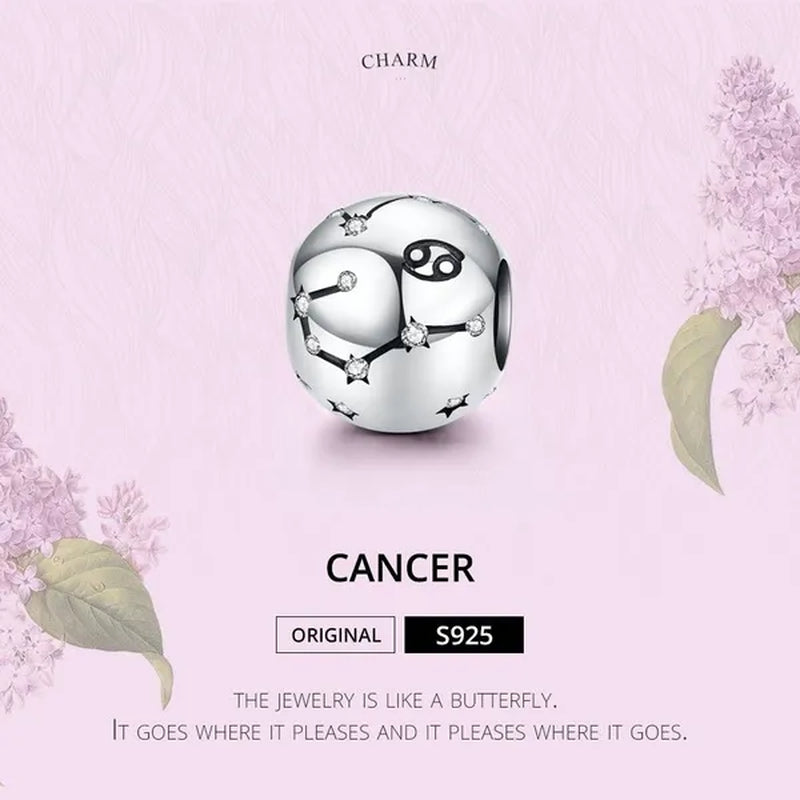 European Hot 12 Constellation Zodiac Round 925 Sterling Silver Beads Charm for Women Bracelet  Shining CZ Charm Fit Original Bangle Necklace DIY Jewelry Making