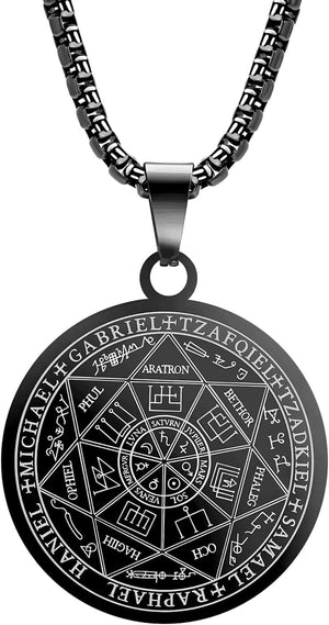 Seven Archangels Pendant Necklace for Men Women Protection Amulet Archangel Michael Coin Pendant Necklace Gabriel Uriel Spiritual Stainless Steel Medal Necklace 24 Inches