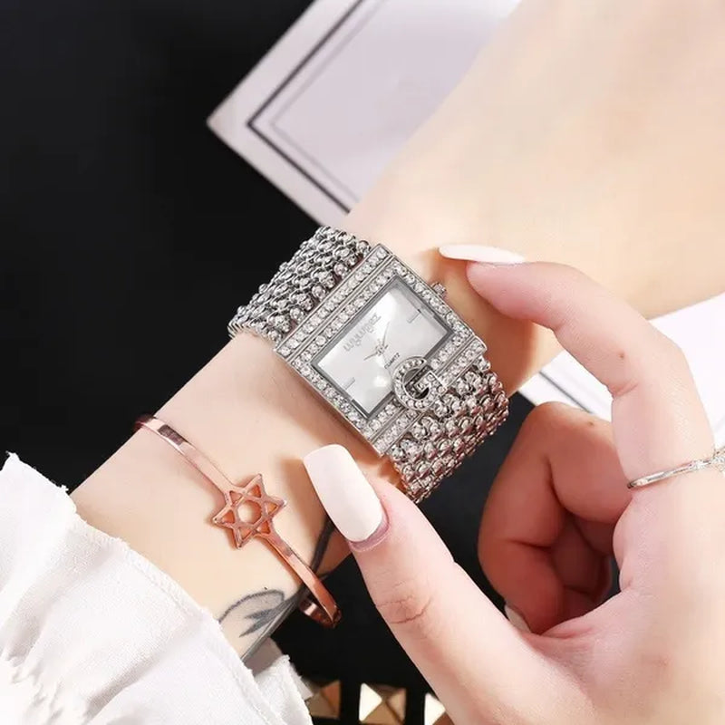 Lucky Bracelets Luxury Ladies Wrist Watch Fashion Full Diamond Gold Stainless Steel Rectangular Female Quartz Watch