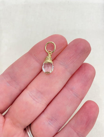 Gold April Birthstone Charm for Necklace or Bracelet - Small Wire Wrapped Crystal Quartz Briolette Pendant