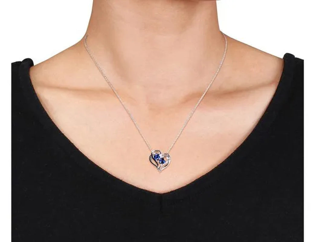 1.10 Carat (ctw) Lab-Created Blue Sapphire & Diamond Heart Pendant Necklace in Sterling Silver with chain