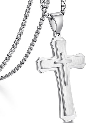 Cross Necklace for Men Surgical Steel Mens Cross Necklace 316L Stainless Steel Cross Pendant Necklace in Color Silver/Black/, Nickel Free Steel Cross Necklaces Chain 22In-26In