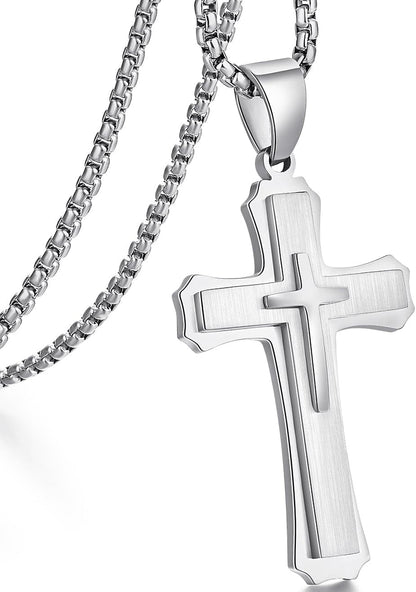 Cross Necklace for Men Surgical Steel Mens Cross Necklace 316L Stainless Steel Cross Pendant Necklace in Color Silver/Black/, Nickel Free Steel Cross Necklaces Chain 22In-26In