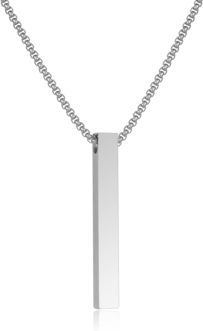 Bar Pendant Necklace for Men Stainless Steel Box Chain Pendant Men’S Necklace Jewelry Length 22Inch