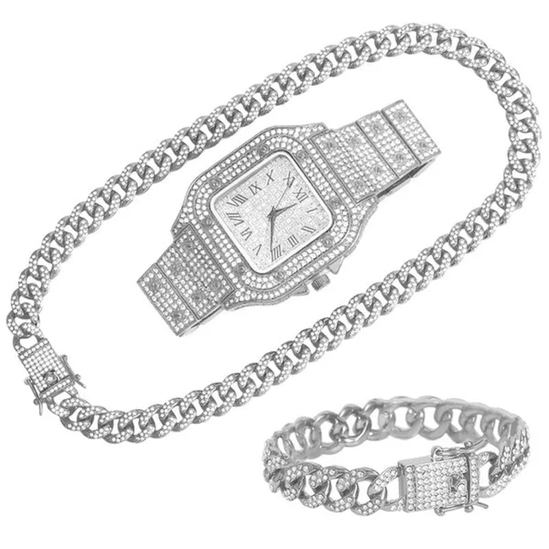 24K Gold / 925 Silver / Rose Gold Stainless Steel Hip Hop Jewelry Iced Out Diamond Thick Miami Cuban Link Chain Necklace Bracelet Watch for Men'S and Women'S Party Jewelry Set Nightclub Bar Fashion Accessories