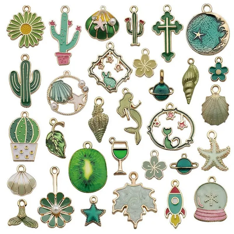 30Pcs Mixed Pattern Pink Drop Oil Fish Flower Horse Enamel Charm DIY Jewelry Bracelet Necklace Pendant Gold Tone Float Finding