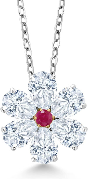 925 Sterling Silver and 10K Yellow Gold Red Ruby and White Moissanite Pear Shape Flower Pendant Necklace for Women (2.46 Cttw, with 18 Inch Chain)