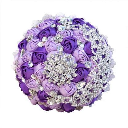 18CM Luxury Crystal Brooch Bride Bouquet Holding Flower Ribbon Lace Wedding Bouquet Artificial Simulation Rose Wedding Flower Bridesmaid Bouquet