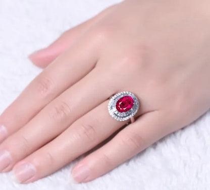 Huge Silver Ruby & White Sapphire Birthstone Gemstones Engagement Wedding Anniversary Flower Ring