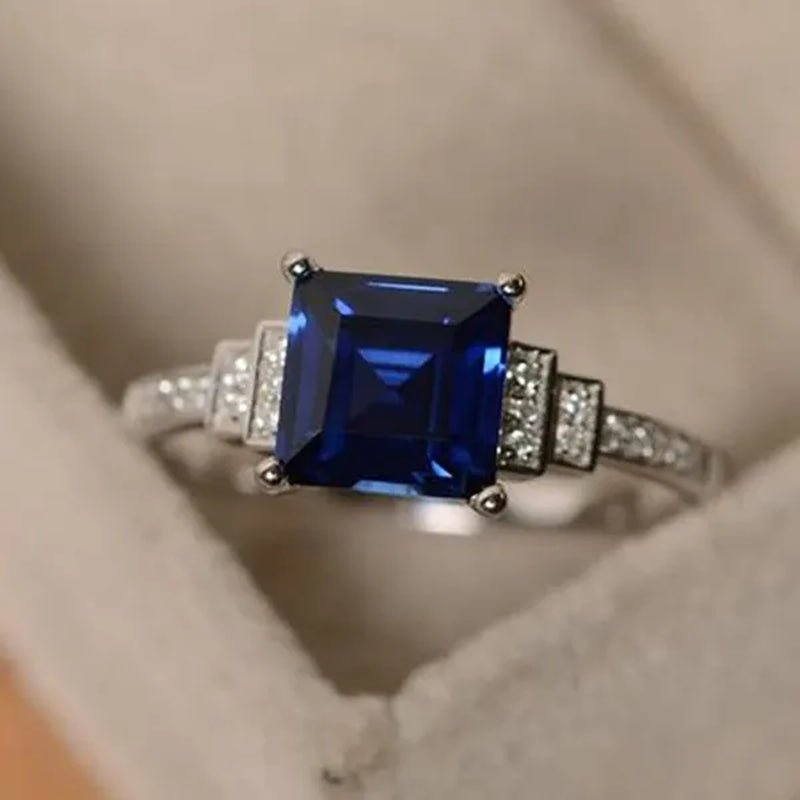 Simple 925 Sterling Silver Ring Princess Sqaure Cut Blue Sapphire Diamond Wedding Engagement Rings for Women Fine Jewelry Gift