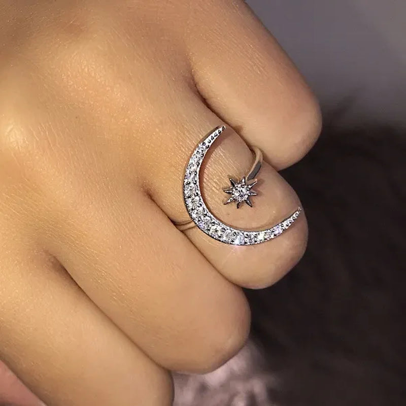Gorgeous Women 925 Sterling Silver Rose Gold Natural Gemstones White Sapphire Diamond Stars Moon Adjustable Open Ring Romantic Wedding Bride Engagement Anniversary Rings Jewelry