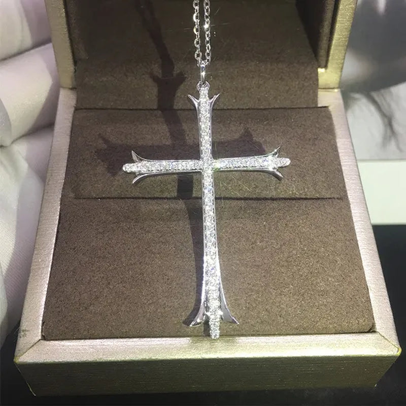 925 Sterling Silver Religious Cross Long Pendant Necklace Moissanite Charm Necklace for Women Fashion Necklace Unisex Party Banquet Fine Jewelry Personality Valentine Gift