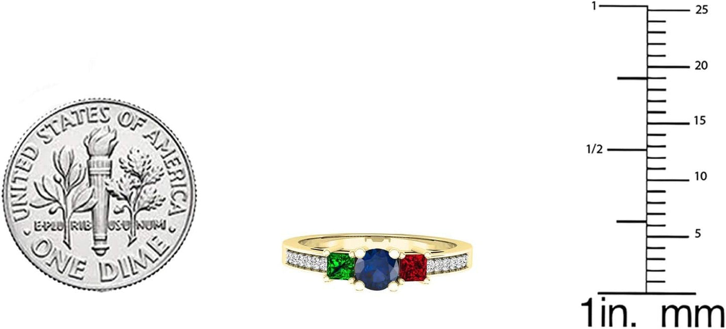 14K Princess & round Created Gemstone, Emerald,Ruby & round Diamond 3 Stone Ring, Yellow Gold
