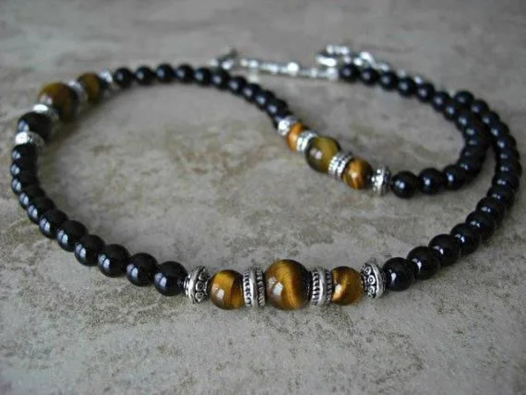 Black Onyx Tiger Eye Silver Accents Men'S Necklac