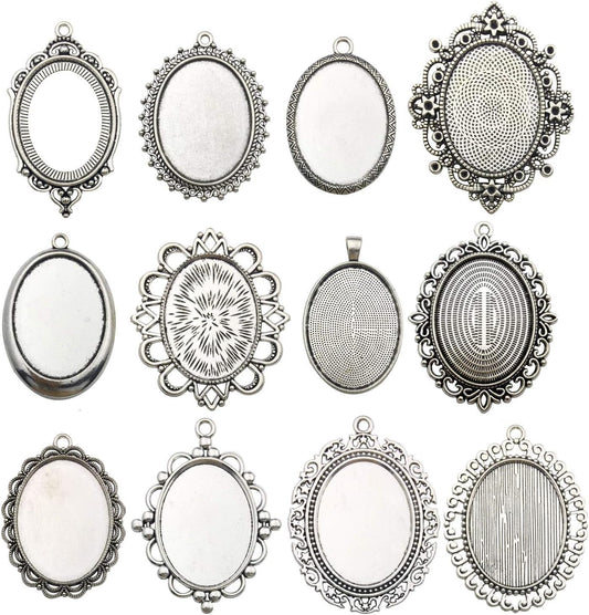 10 Pendant Trays, 30X40Mm, Blank Oval Cabochons Base Setting Bezel Frame Metal Cameo for Photo Pendant Jewelry Making (Antique Silver-Hm278)