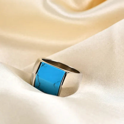 Vintage Men's Single Turquoise Ring Stainless Steel Personality Roof Shaped Gemstone Rings jewelry Gift for Business Elite Boyfriend Dad