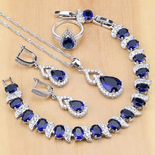 925 Silver Jewelry Sets Blue Sapphire White Topaz Open Rings Earrings Pendant Necklace Bracelet For Bridal  Women