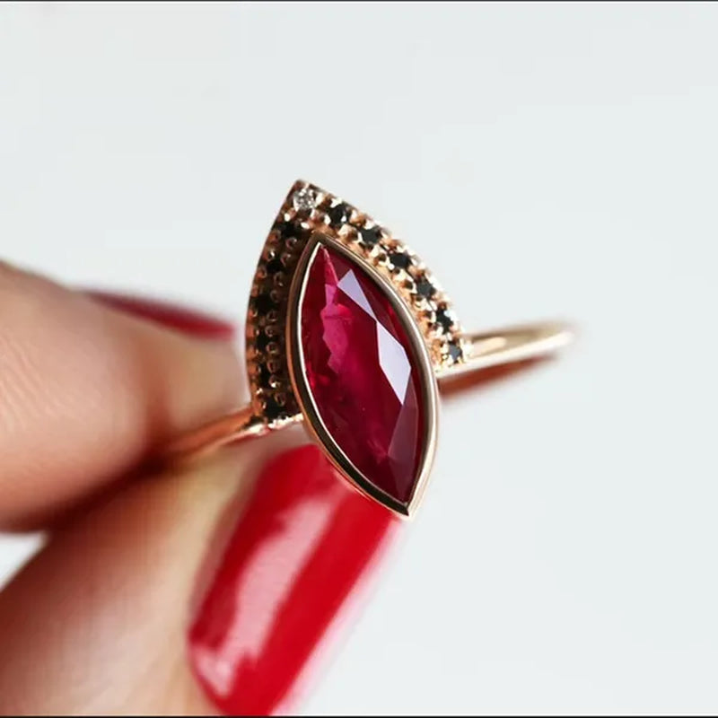 Unique Natural Rhombus 2 in 1 Ruby Engagement  Rose Gold Ring Marquise Bridal  Wedding Ring With Black Diamonds Women Ruby Ring Diamond Fine Jewelry