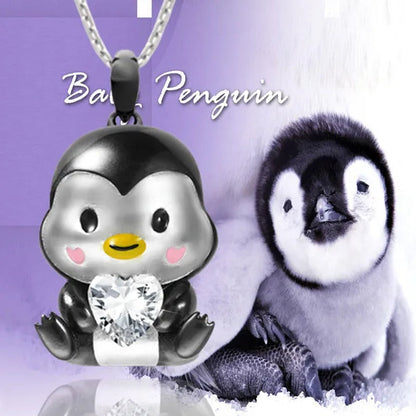 Creative 925 Sterling Silver Cartoon Penguin Heart Shape Crystal Diamond Pendant Necklace for Women Cute Girls Accessories Animal Jewelry Birthday Party Gifts