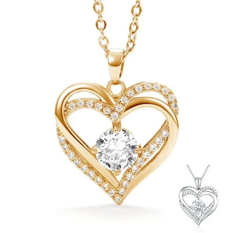 Exquisite Fashion Golded Plated Pave Setting Diamond Double Heart Pendant Necklace for Women Bridal Wedding Romantic Gift