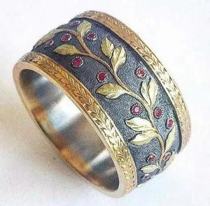 Newest Elegant Retro  Yellow Gold Two Tone Ruby Gemstone Rings Wedding Band Engagement Party Anniversary Fashion Jewelry Ring for Women's Size 5-11