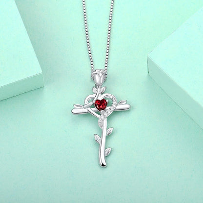 Rose Cross Necklace 925 Sterling Silver Heart Crucifix Pendant Birthstones Jewelry for Women