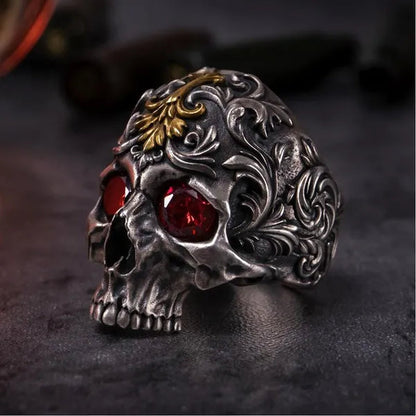 Vintage 316L Stainless Steel Carved Exquisite Pattern Skull Ring Men's Ruby Ring Antique Art Totem Ring Gothic Punk Jewelry Gift