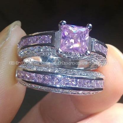 2Pcs/Set 925 Silver Plated Pink Purple White Sapphire CZ Wedding Set Rings Size 6-11  (Choice Color and Size )