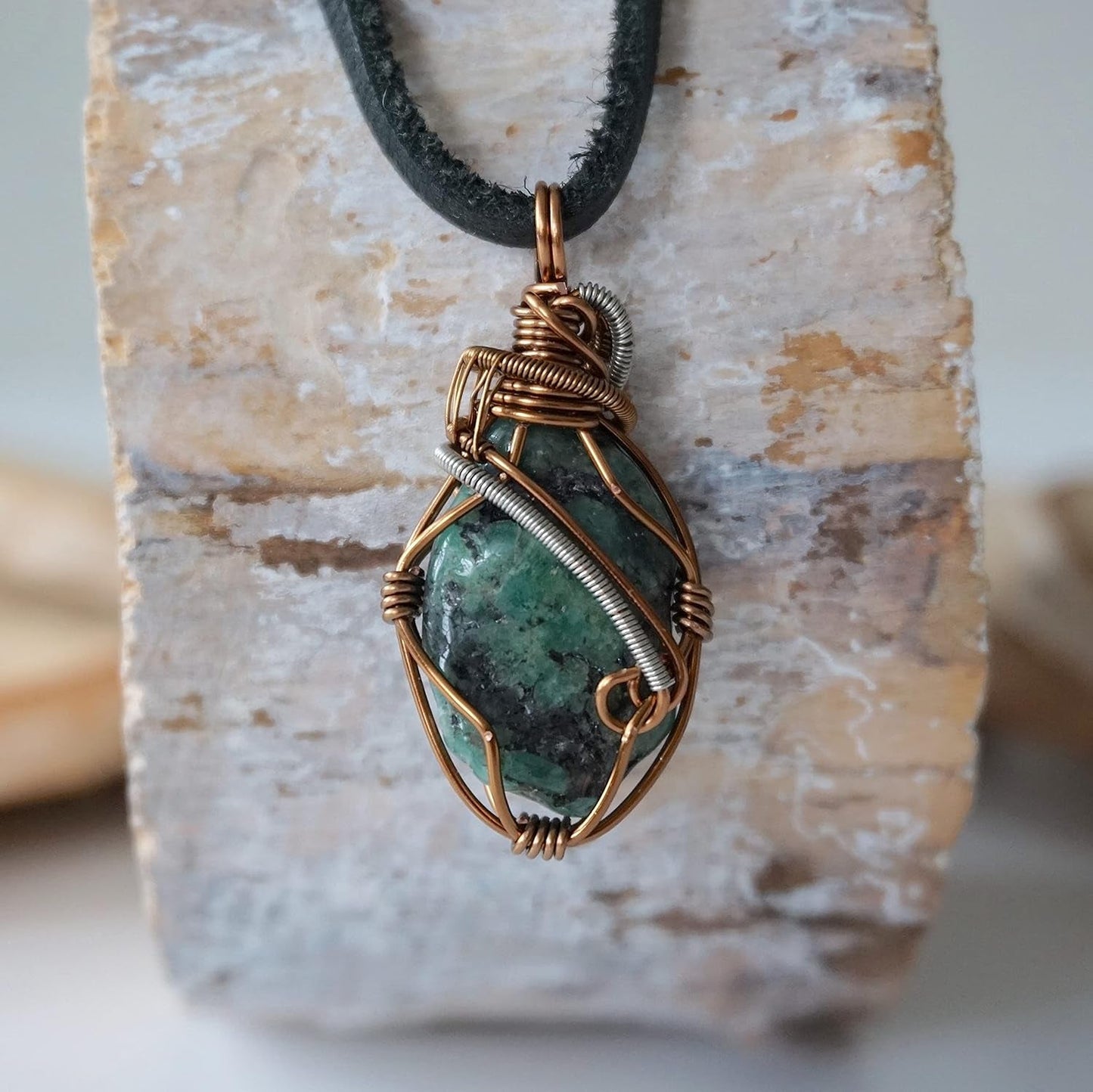 NEW  Handmade Emerald Necklace 24 Inch Black Leather Cord Antique Bronze, May Birthstone Jewelry, Handmade in North America