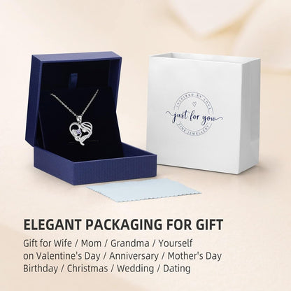 Mothers Day Gifts, Heart Pendant Necklace, Mother and Child Love Heart Pendant Necklace, 925 Sterling Silver Necklace with Birthstone, Mothers Day Valentines Anniversary Birthday Christmas Gifts for Her Women New Step Mom Women Wife Grandma