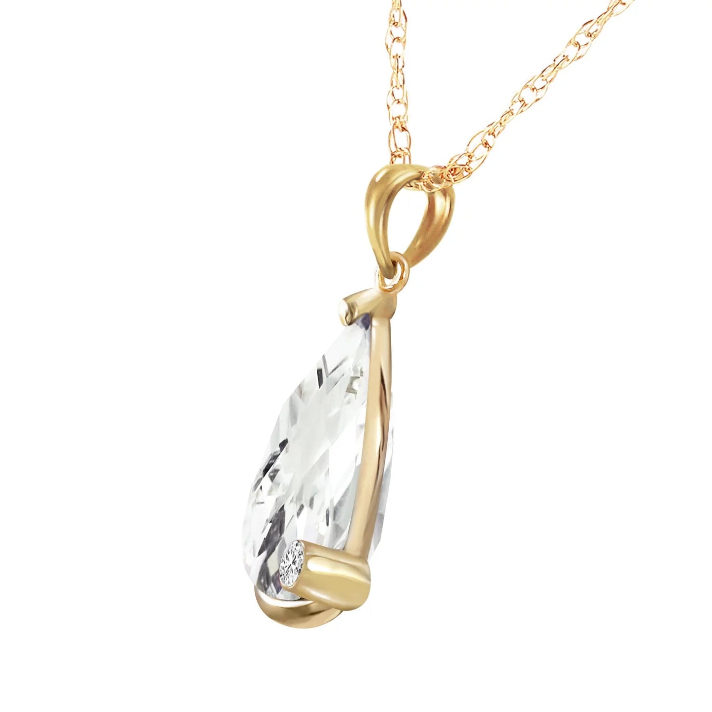 5.04 CTW 14K 16" Solid Gold Necklace Natural Briolette Checkerboard Cut White Topaz and Diamond Pendant