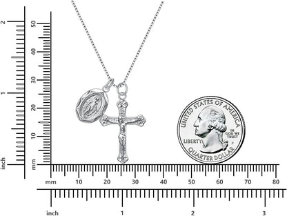 925 Sterling Silver Crucifix Cross and Miraculous Medal Pendant Necklace for Women