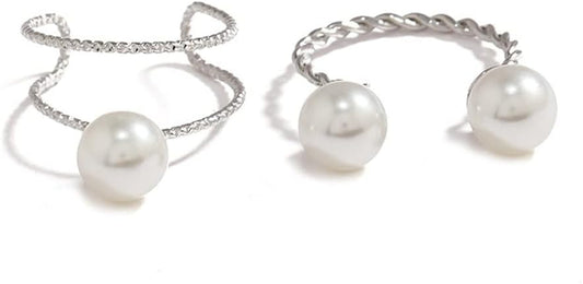 2Pcs Shell Pearl Adjustable Wedding Statement Rings for Women Girls Silver Plated Expandable Twisted Layered Open Wrap Rings Comfort Fit Fashion Delicate Birthday Christmas Party Jewelry Gifts