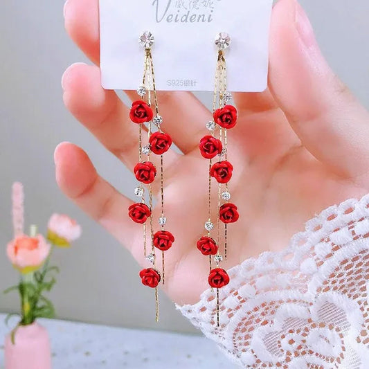 New Exquisite Women's Fashion S925 Silver Needle Diamond Rose Long Tassel Earring Jewelry Gift