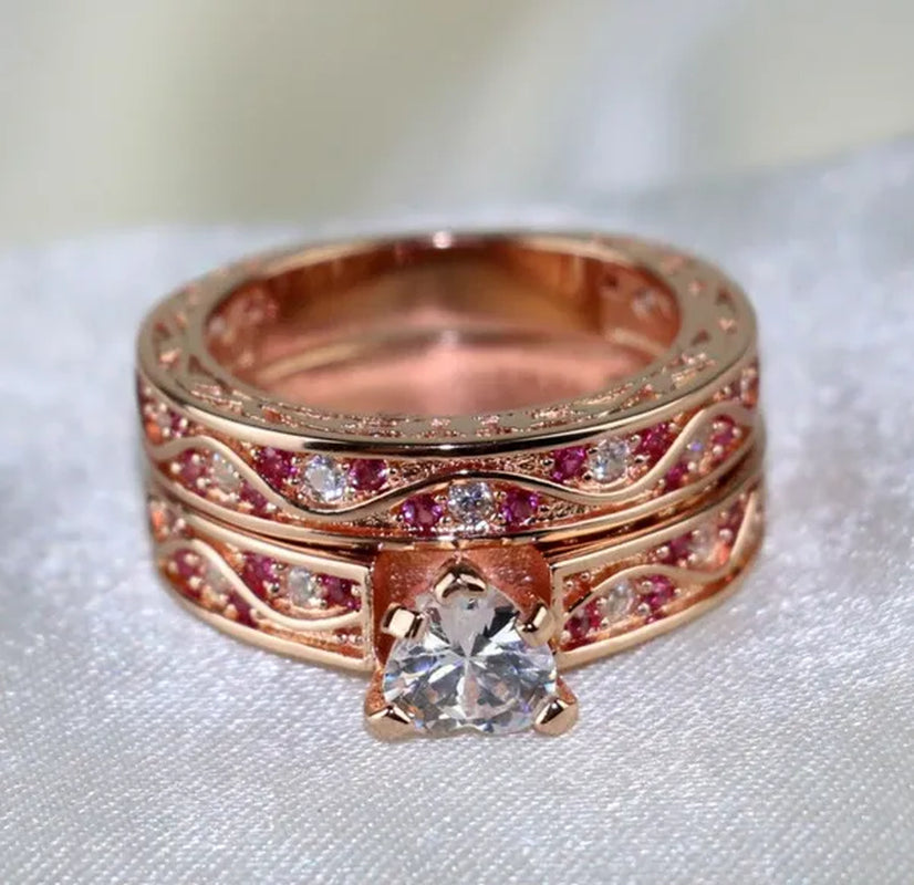 Two Rings Couple Rings Titanium Steel Band 10kt Rose Gold Filled Cocktail Heart Zircon Ruby Women's Wedding Ring Sets