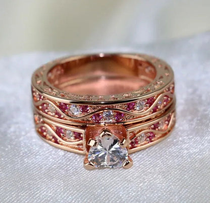 Two Rings Couple Rings Titanium Steel Band 10kt Rose Gold Filled Cocktail Heart Zircon Ruby Women's Wedding Ring Sets