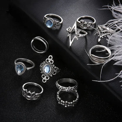 11Pcs/Set Retro Finger Ring Set Boho Crown Star Silver Carved Knuckle Rings for Women Jewelry Gifts