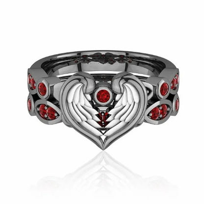 2 Pieces/Set Beautiful Women Fashion Exquisite Jewelry Classic Creative Angel Wings Heart Ring Elegant Princess Red Zircon Ring Set Romantic Bridal Engagement Wedding Ring Set Anniversary Birthday Party Christmas Gift Ring Set Jewelry Size US4-11