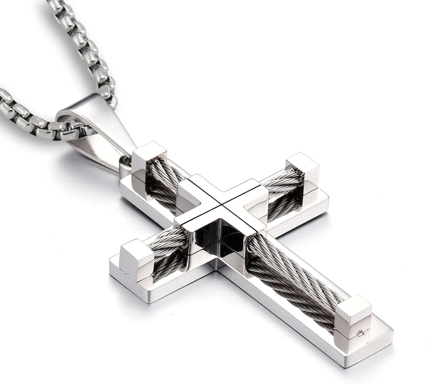 Cross Necklace for Men 316L Stainless Steel Jesus Christ Pendant Jewelry Rolo Chain for 20″ 22″ 24″ 26″ 28″