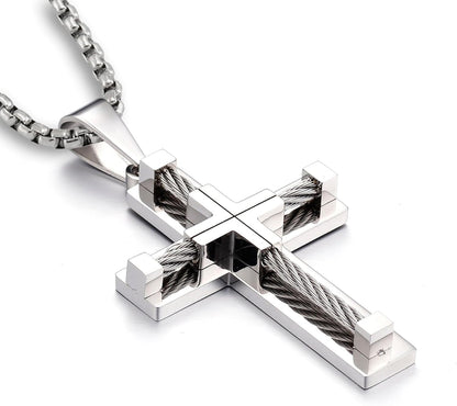 Cross Necklace for Men 316L Stainless Steel Jesus Christ Pendant Jewelry Rolo Chain for 20″ 22″ 24″ 26″ 28″