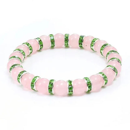 Natural Stone Pink Crystal Quartz &White Porcelain Rhinestones Bracelets & Bangles Charm Powder Beads Strand Bracelet Love Gifts for Women Men Casual Jewelry